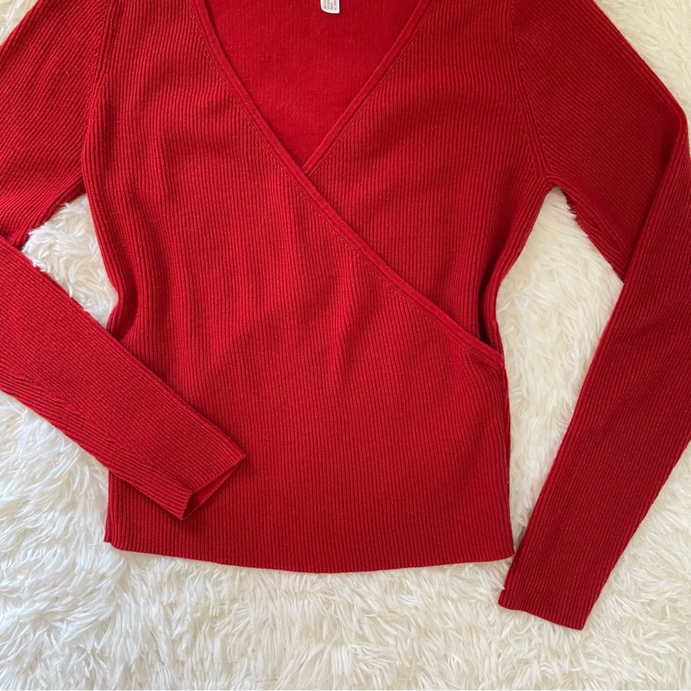Leith Red Ribbed V neck long sleeve wrap top - Picture 8 of 14